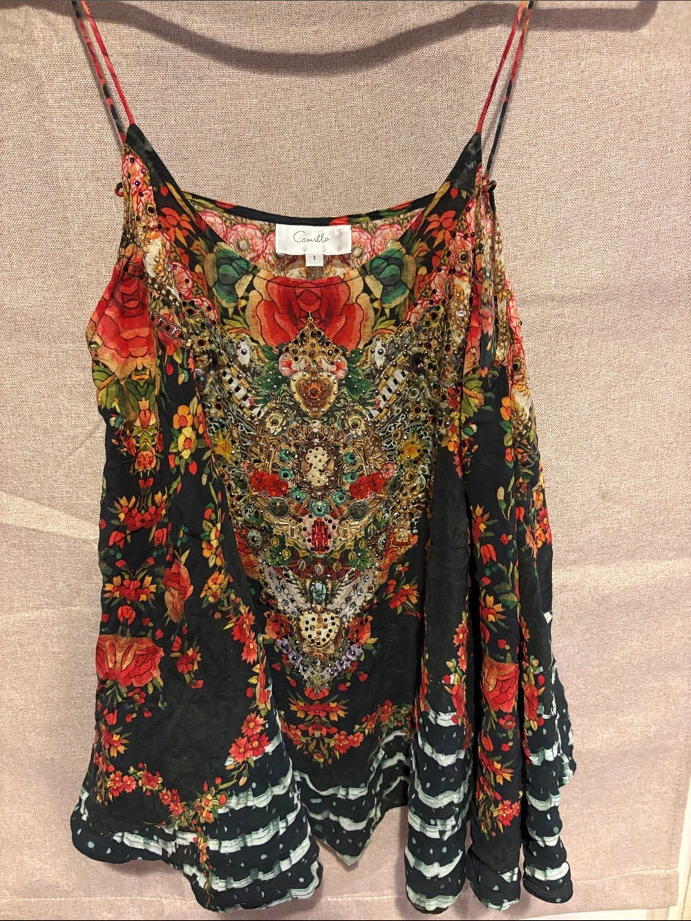 Camilla Black Floral Embellished Silk Cami Top - Red & Green
